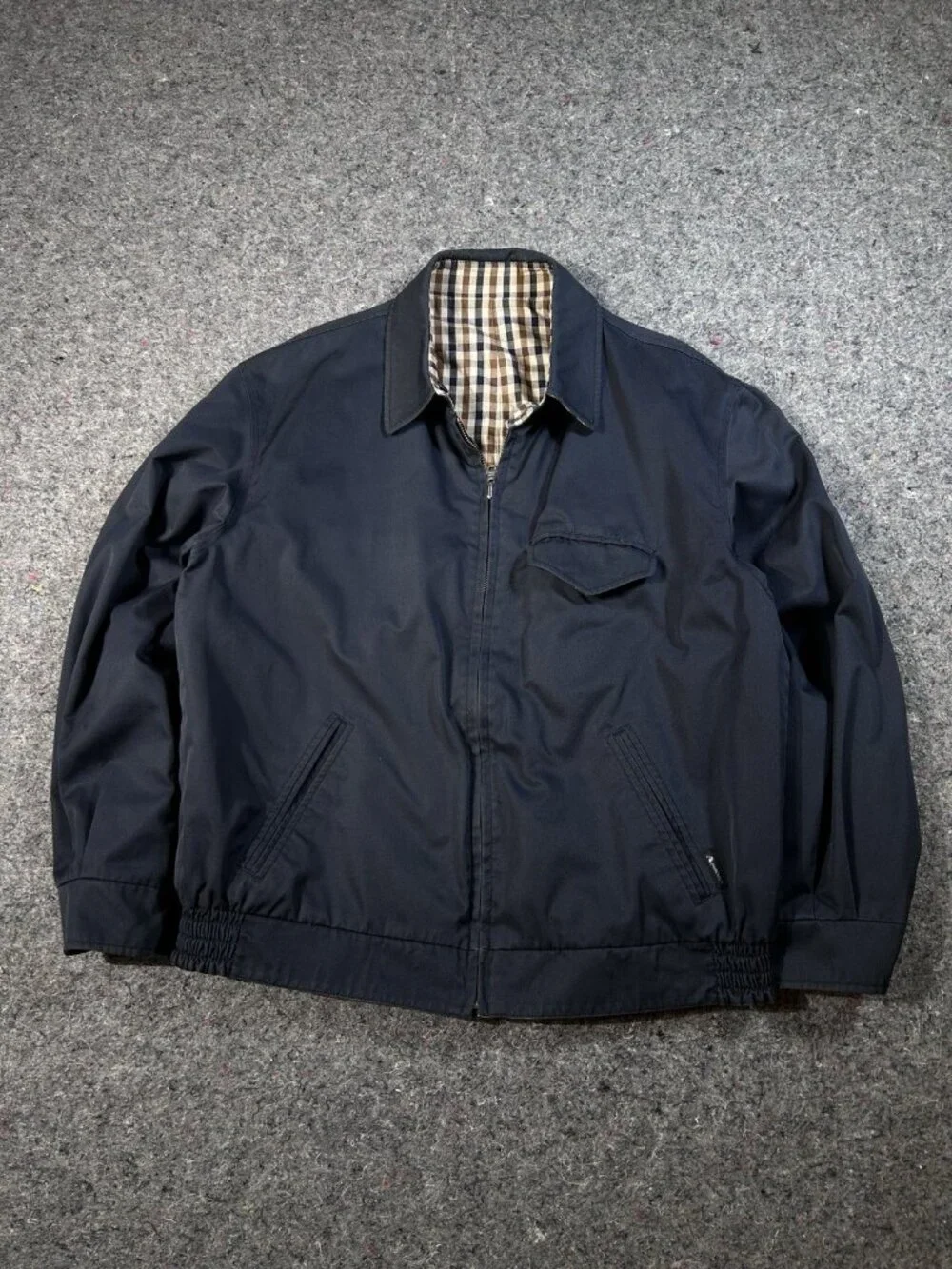 Aquascutum Reversible Harrington Jacket Mens L Navy Tattersall Plaid Zip Up